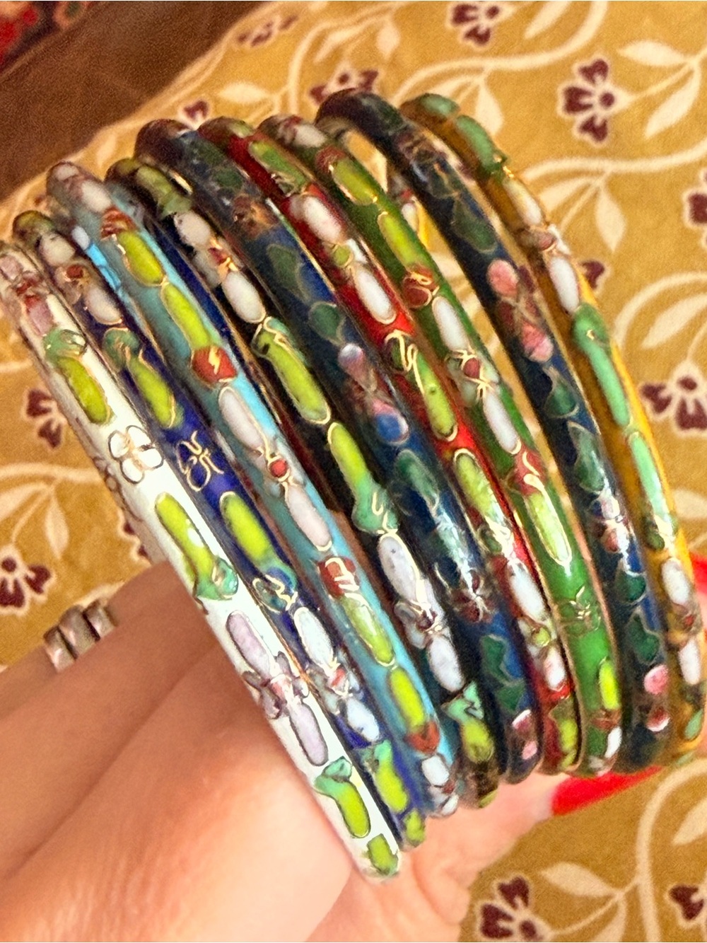 Multicolor Enamel Cloisonné Bangle Set - Vibrant Floral Design